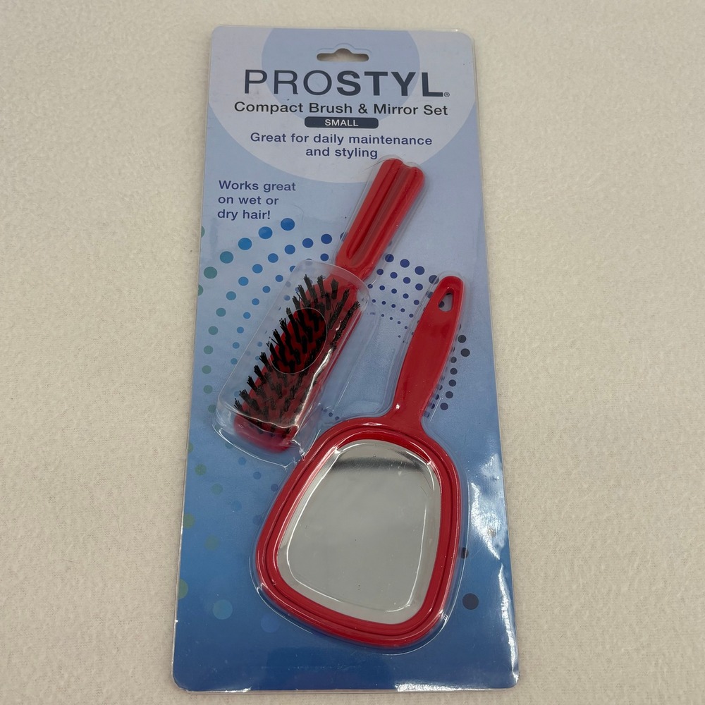 PROSTYL Compact Brush & Mirror Set Small Red Travel Hair Care Duo Wet Dry Hair
